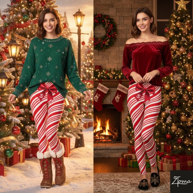 Red White Candy Cane Diagonal Stripes Bow Leggings (Creator Uploaded)