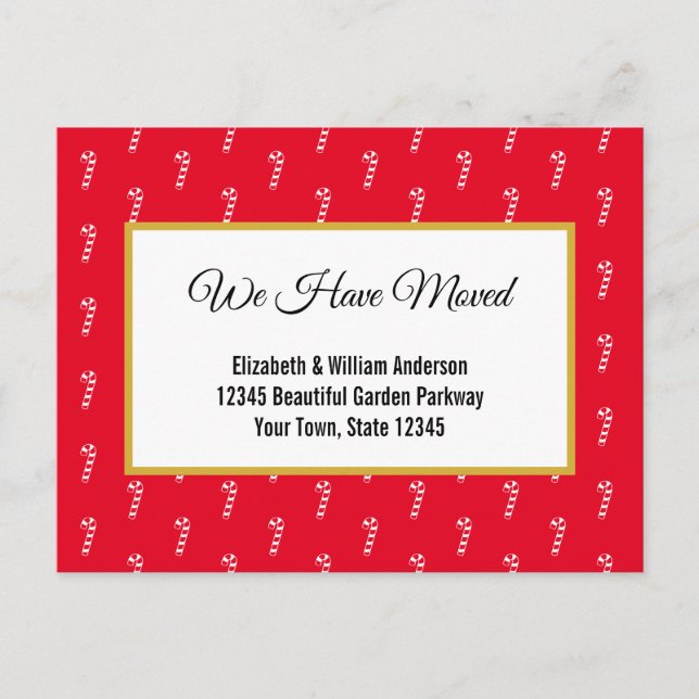 Red & White Candy Cane Holiday Moving Announcement Postcard (Front)