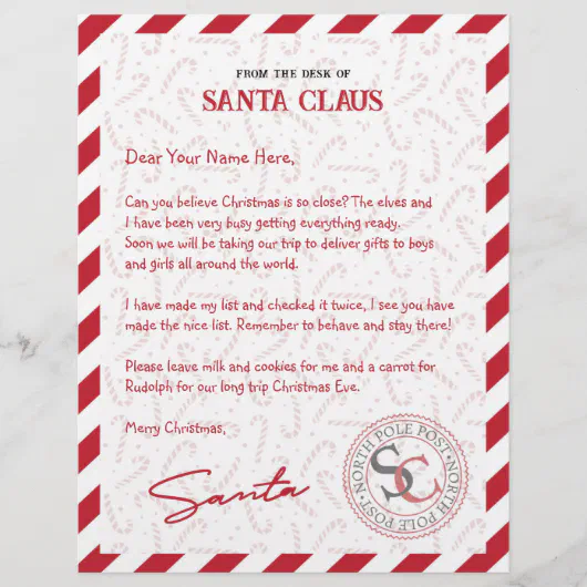 Red White Candy Cane Letter From Santa Claus | Zazzle