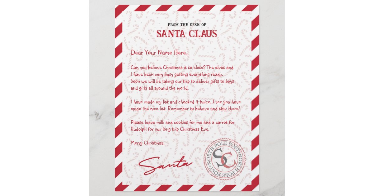 Red White Candy Cane Letter From Santa Claus | Zazzle