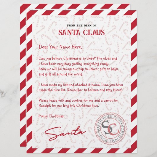 Red White Candy Cane Letter From Santa Claus (Front/Back)