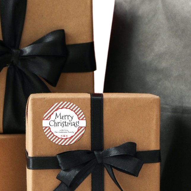 Red & White Candy Cane Stripe Holiday Gift Labels  (Modern Minimal Red and Green Candy Cane Stripes Classic Round Sticker)