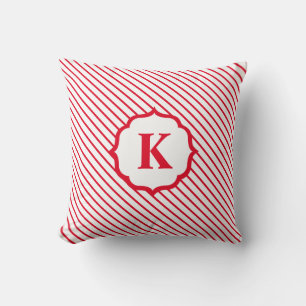 Red White Candy Cane Stripe Monogram Christmas Throw Pillow