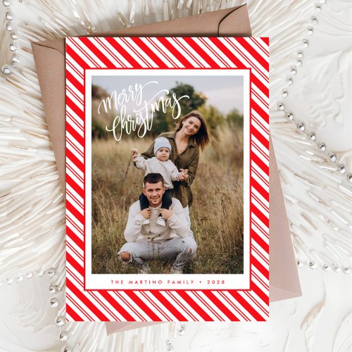 Red White Candy Cane Stripe Photo Christmas Card