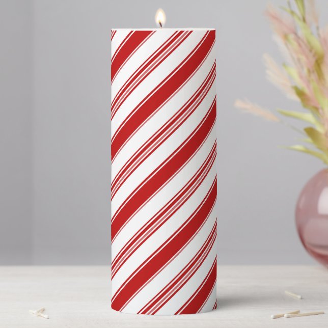 Red & White Candy Cane Stripes Christmas Pillar Candle (In Situ)
