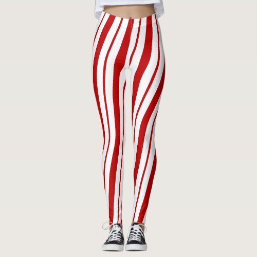 Red  White Candy Cane Stripes Festive Christmas Leggings