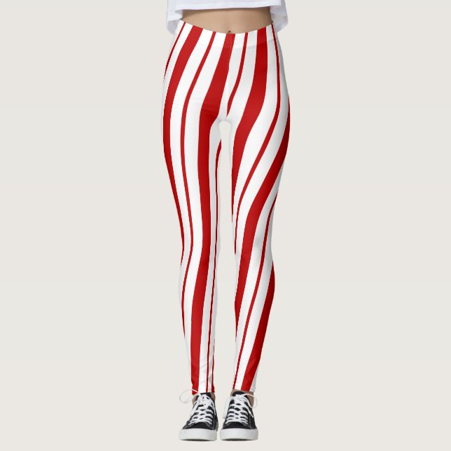 Red & White Candy Cane Stripes Festive Christmas Leggings (Front)