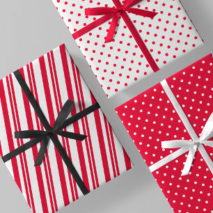Red & White Candy Cane Stripes & Polka Dots Wrapping Paper Sheets