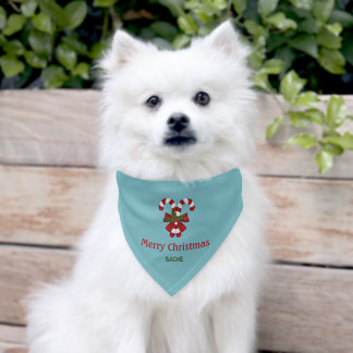 Red White Candy Canes Christmas Light Blue Color Pet Bandana Collar