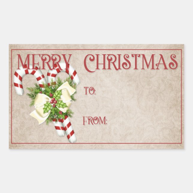Red & White Candy Canes | Merry Christmas Rectangular Sticker (Front)