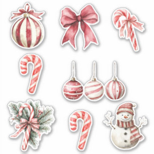 Red White Candy Canes Pine Cones Bow Christmas Sticker