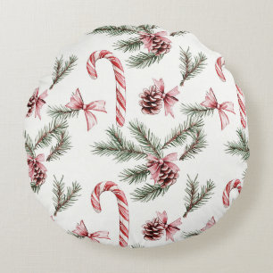 Red White Candy Canes Pine Cones Christmas Round Pillow