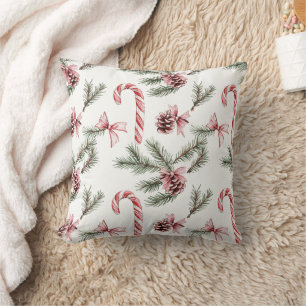 Red White Candy Canes Pine Cones Christmas Throw Pillow