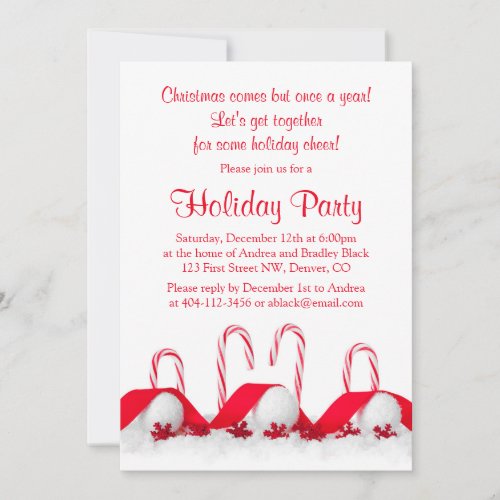 Red White Candy Canes Snowballs Christmas Party Invitation
