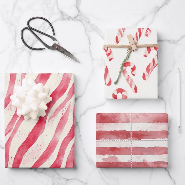 Red White Candy Canes Stripes Christmas Wrapping Paper Sheets (Front)