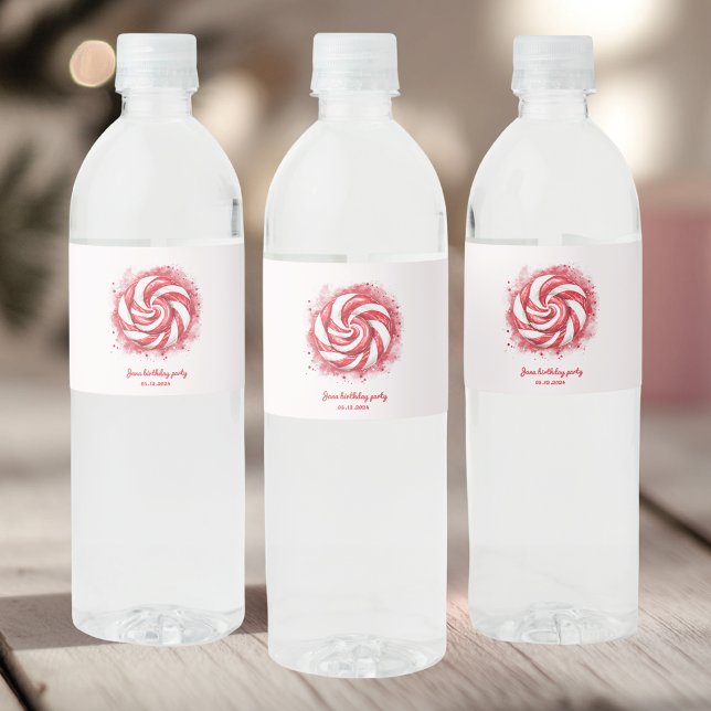 Red & White Candy Winter Birthday Water  Water Bottle Label (Creator Uploaded)