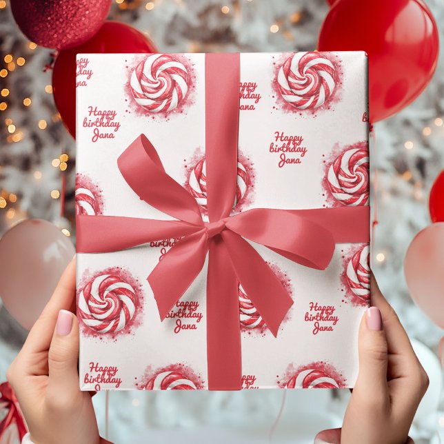 Red & White Candy Winter Birthday  Wrapping Paper (Creator Uploaded)
