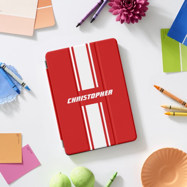 Red White Car Racing Stripes Stylish Monogrammed iPad Pro Cover (Desk)