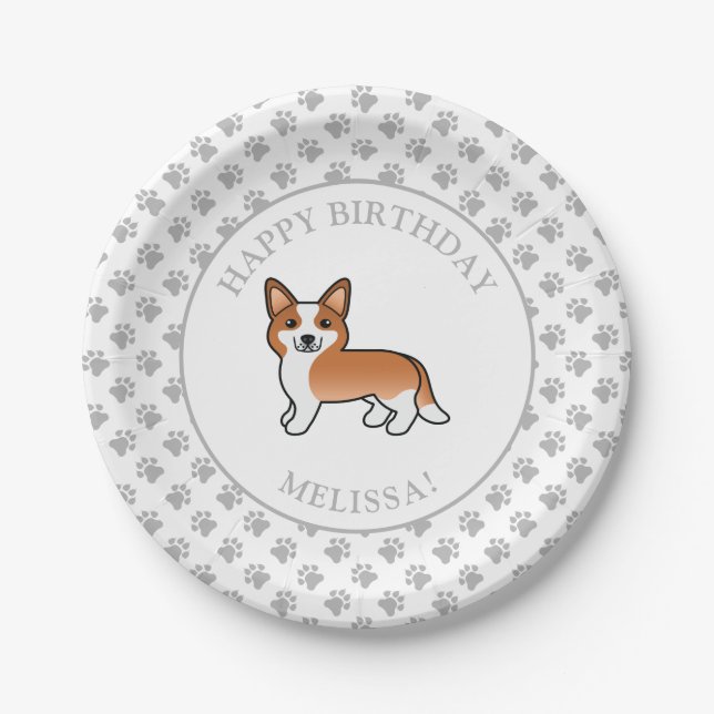 Red & White Cardigan Welsh Corgi Birthday Party Paper Plates (Front)