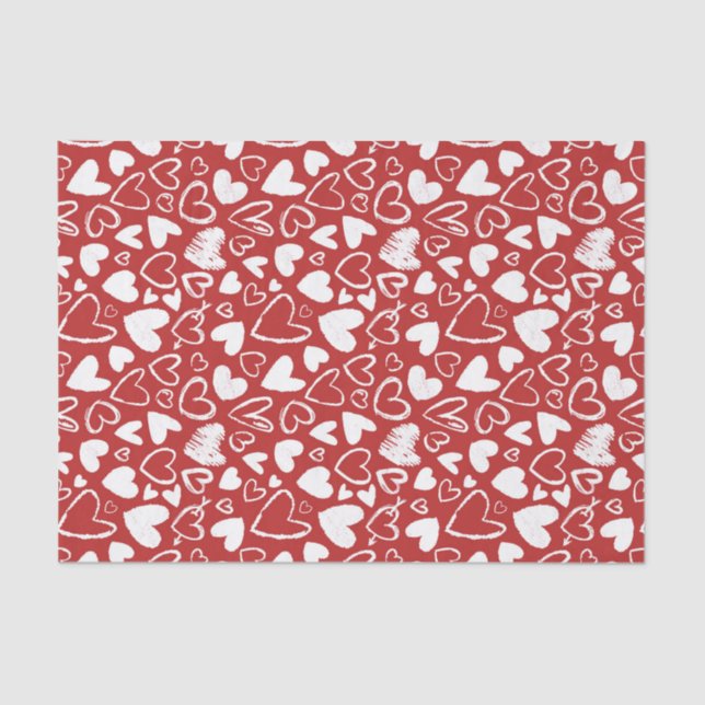 Red White Chalk Heart Cute Pattern Valentine's Day Tissue Paper (Front)