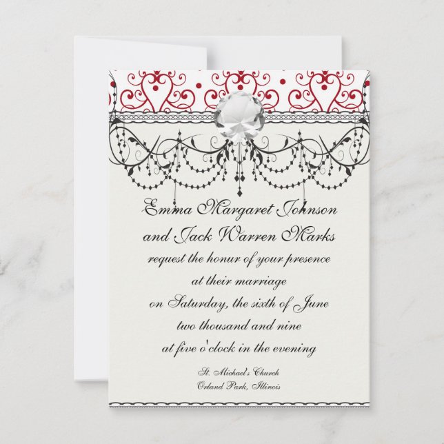 red white chandelier heart damask invitation (Front)