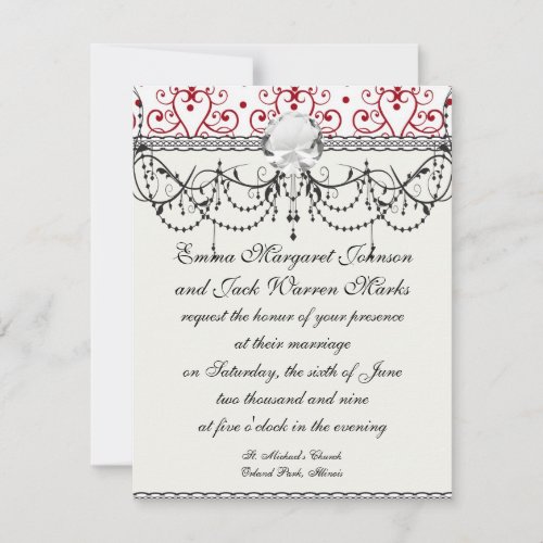red white chandelier heart damask personalized invitation