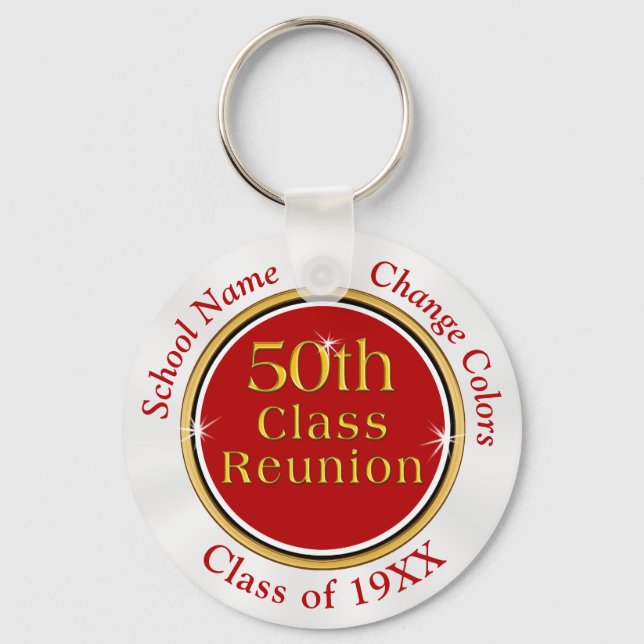 Red, White Cheap, 50 year Class Reunion Souvenirs Keychain (Front)