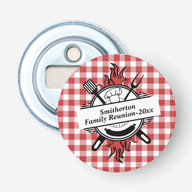 Red White Check Barbecue Cookout Family Reunion  Bottle Opener (Front)