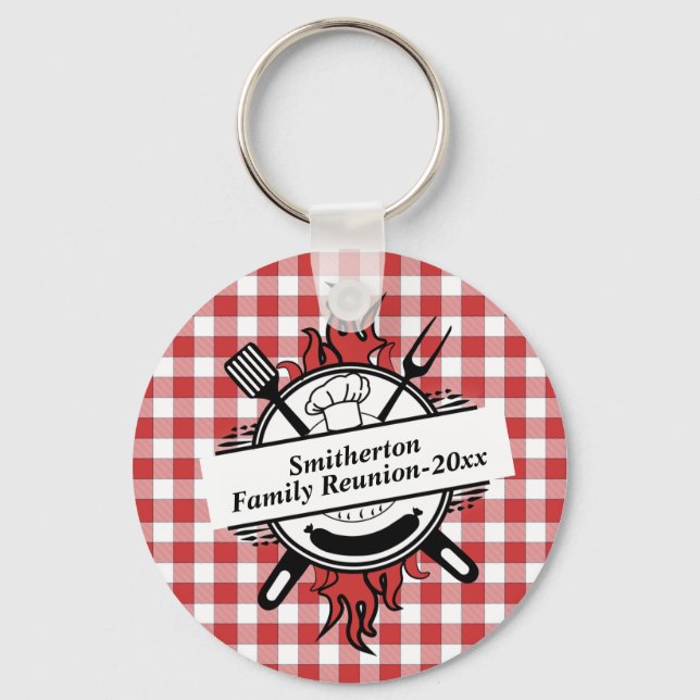 Red White Check Barbecue Cookout Family Reunion   Keychain (Front)