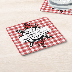 Red White Check Barbecue Cookout Family Reunion  Square Paper Coaster