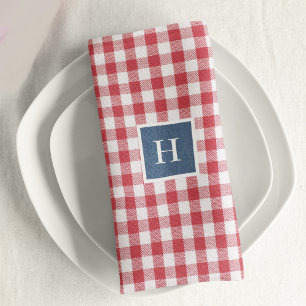 Red & White Check, Blue Denim Initial 12"x12" Cloth Napkin