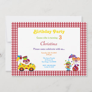 Red & White Check Clown Birthday Invitation