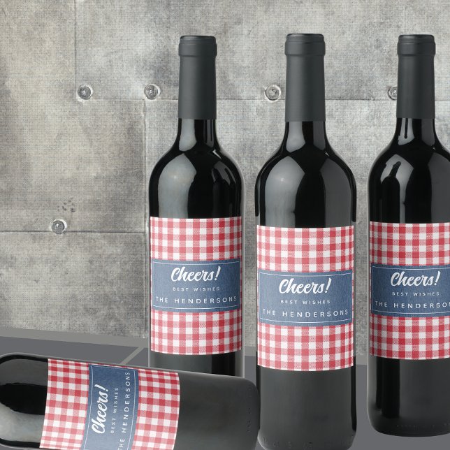 Red White Check Gingham & Blue Denim Cheers Wine Label (Creator Uploaded)