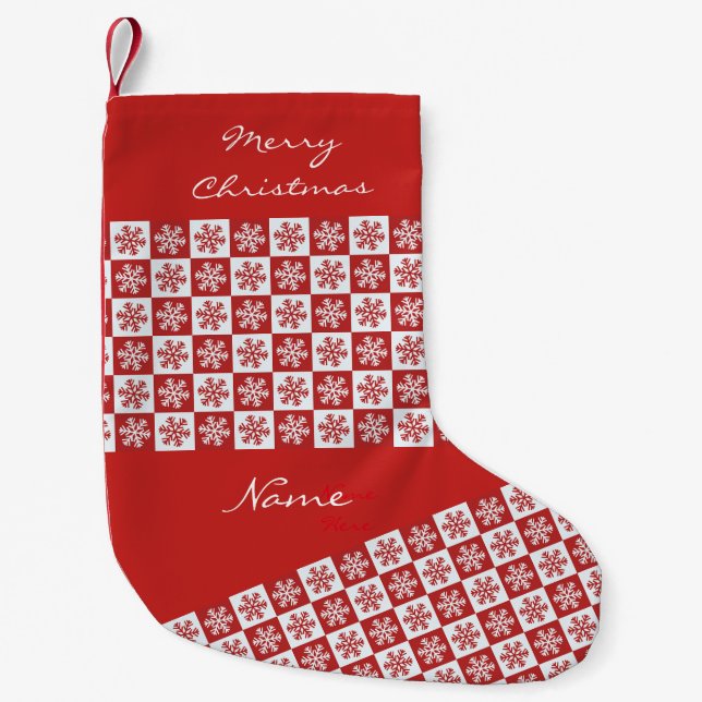 Red/white check snowflake pattern Thunder_Cove Small Christmas Stocking (Front)