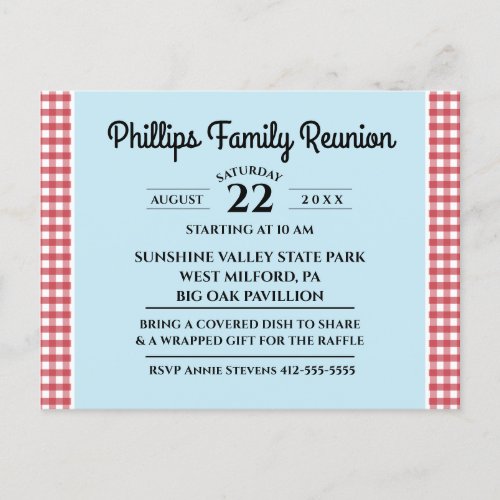 Red  White Checked Tablecloth Blue Family Reunion Invitation Postcard