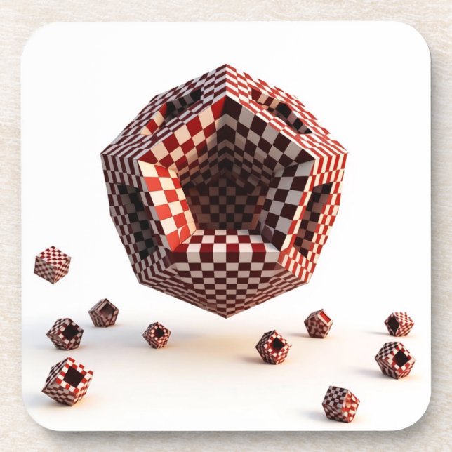 Red & White Checkerboard Geometric Objects Beverage Coaster (Front)