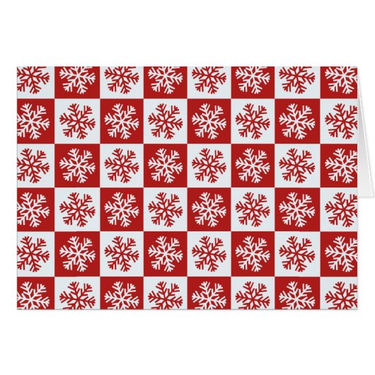 Red white checkerboard snowflake greeting card (Front Horizontal)