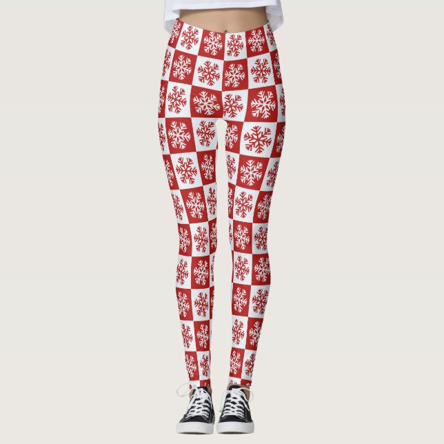 Red white checkerboard snowflake leggings (Front)