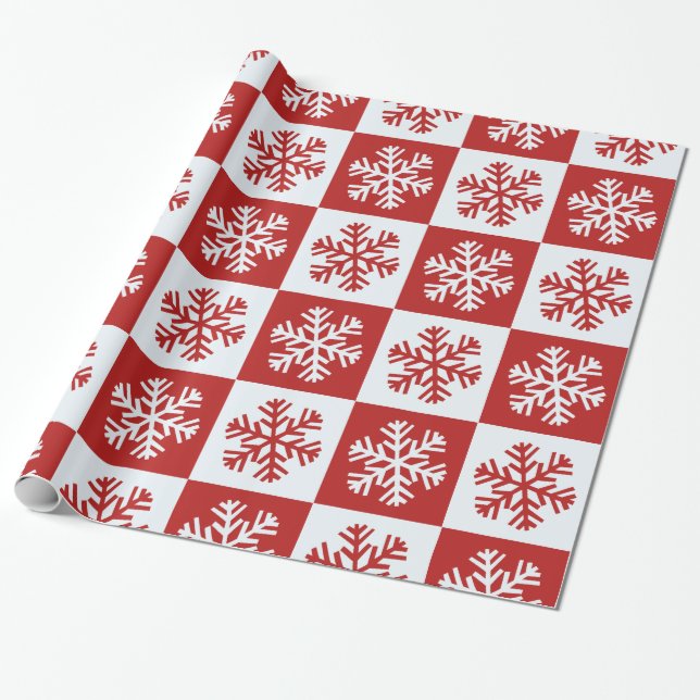 Red white checkerboard snowflake wrapping paper (Unrolled)