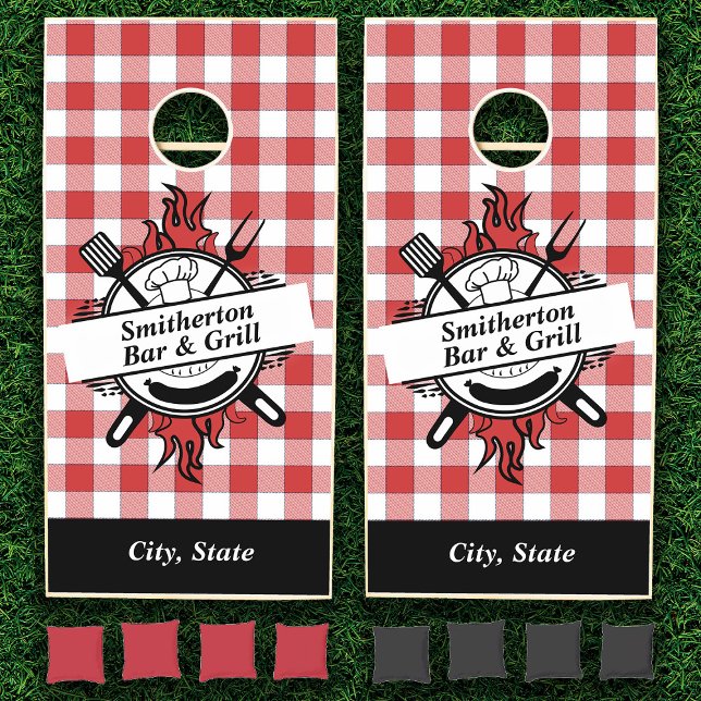 Red White Checkered Barbecue Bar Grill Family Cornhole Set (Custom red and white picnic/cookout cornhole set)