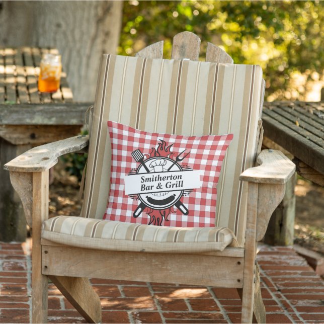 Red White Checkered Barbecue Bar Grill Family Outdoor Pillow (Chair)