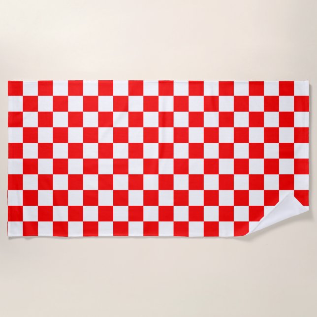 Red White Checkered Check Pattern Beach Towel (Front)