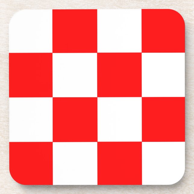 Red White Checkered Check Pattern Beverage Coaster (Front)