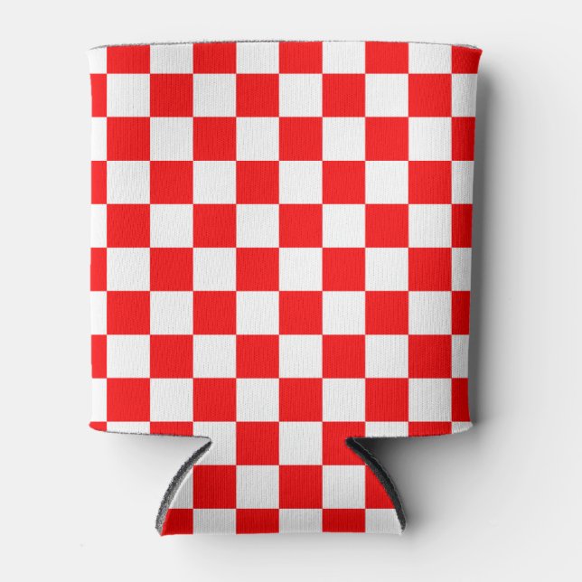 Red White Checkered Check Pattern Can Cooler (Front)