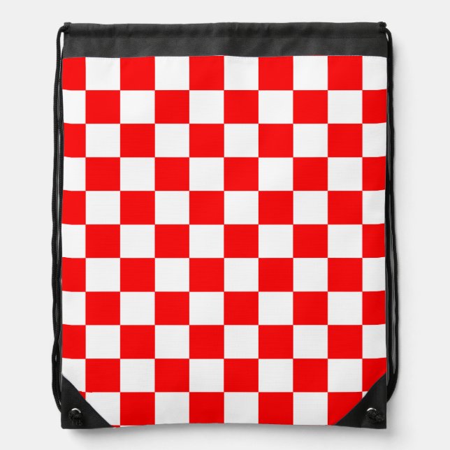 Red White Checkered Check Pattern Drawstring Bag (Front)