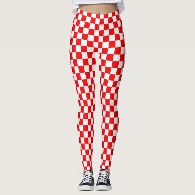 Red White Checkered Check Pattern Leggings (Front)