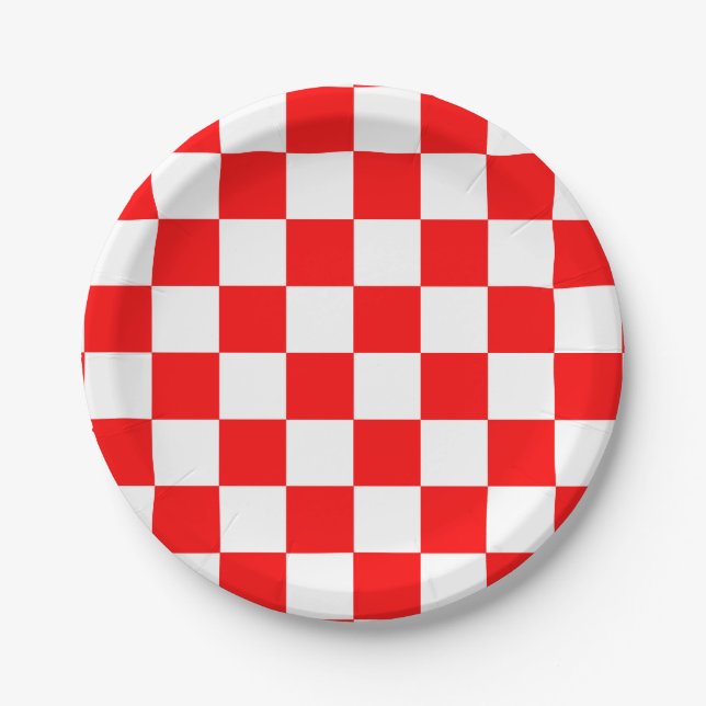 Red White Checkered Check Pattern Paper Plates (Front)