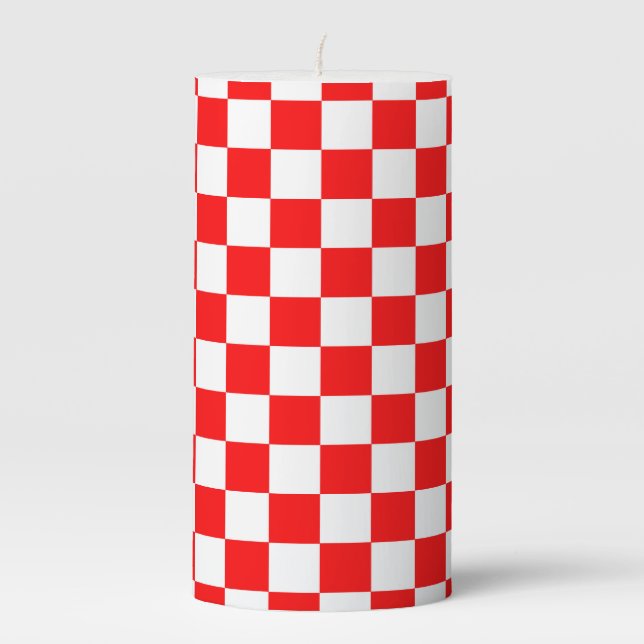 Red White Checkered Check Pattern Pillar Candle (Front)