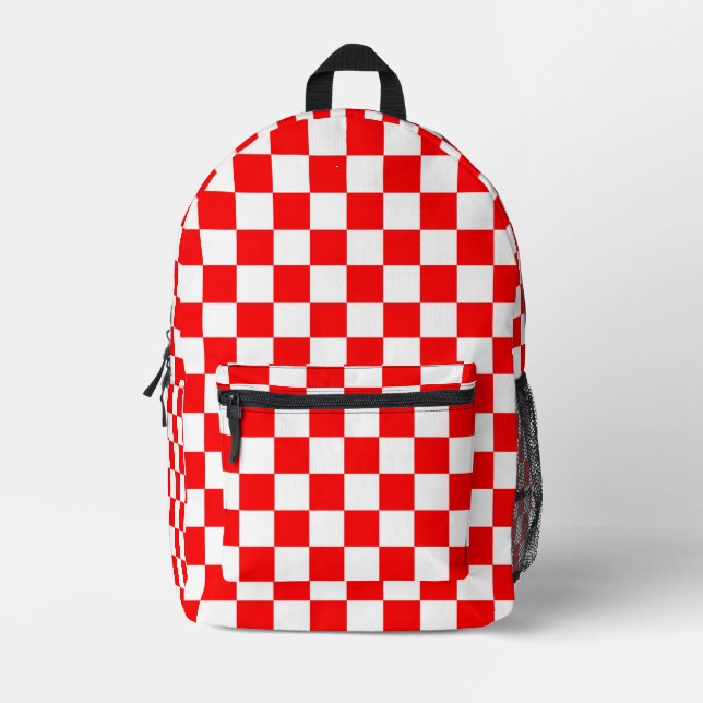 Red White Checkered Check Pattern Printed Backpack (Front)