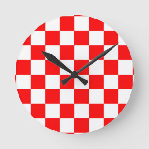 Red White Checkered Check Pattern Round Clock